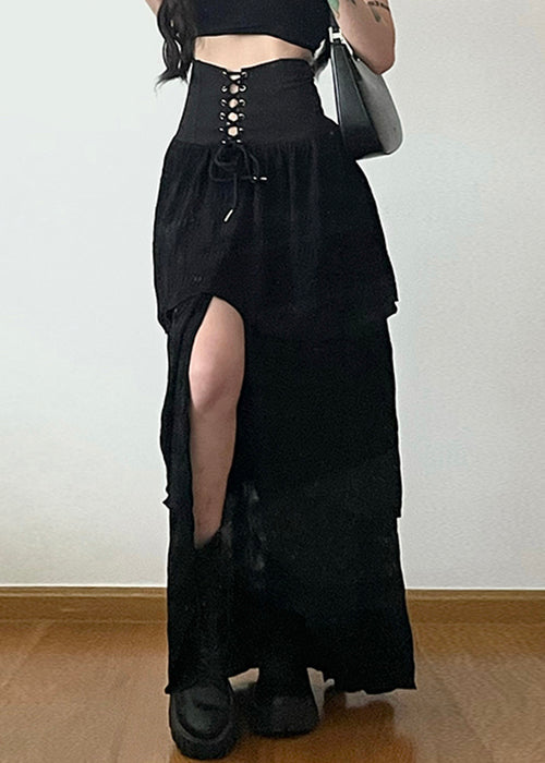 Stylish Black Lace Up Side Open Cotton Skirt Summer PP005 OM-NZ240827