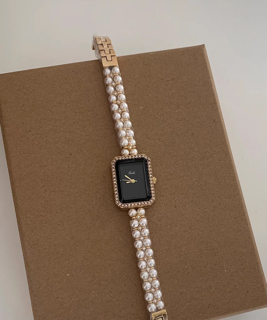 Stylish Black Metal Square Chain Pearl Watch YI049 ABC