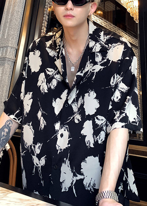 Black Stylish Men Pan Button Cotton Peter Collar Shirts Print FashionChic