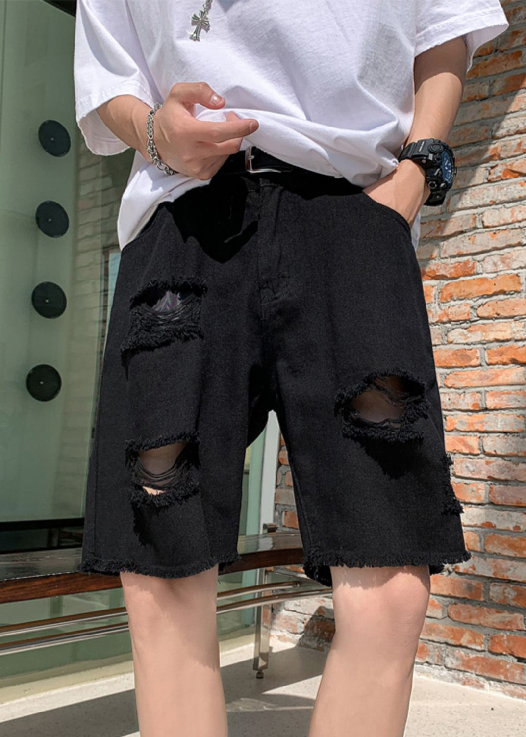 Stylish Black Pockets High Waist Men Ripped Jeans Summer YL018 ABC