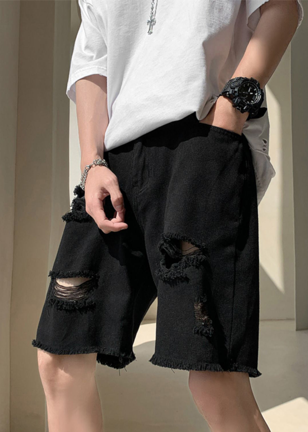 Stylish Black Pockets High Waist Men Ripped Jeans Summer YL018 ABC