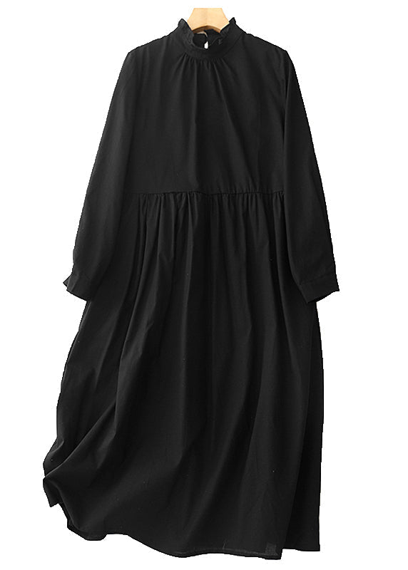 Black Dress Cotton Long Stylish Ruffled Spring FashionChic