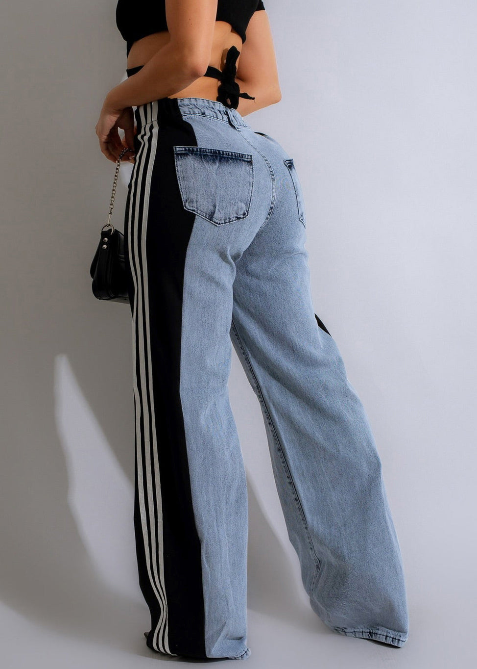 Striped Pants Black Stylish Denim Spring Patchwork FashionChic