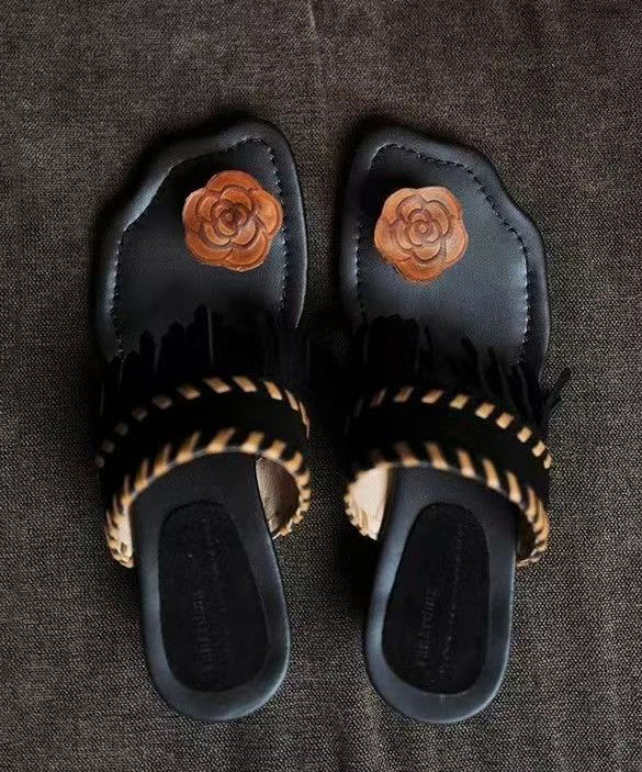 Stylish Black Tasseled Splicing Flip Flops Slide Sandals AG1015 shoe-CS240905