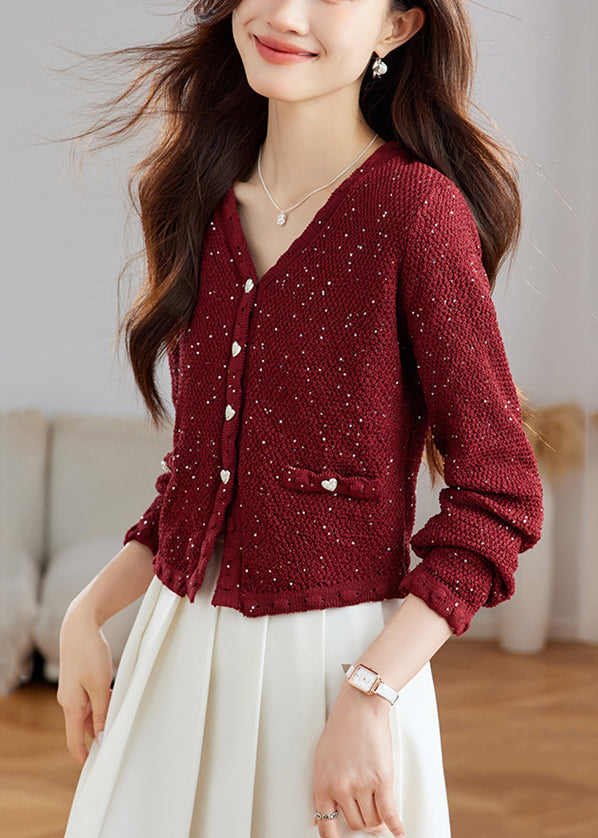 Stylish Black V Neck Button Sequins Wool Knit Cardigans Fall QS016 OM-BB241010