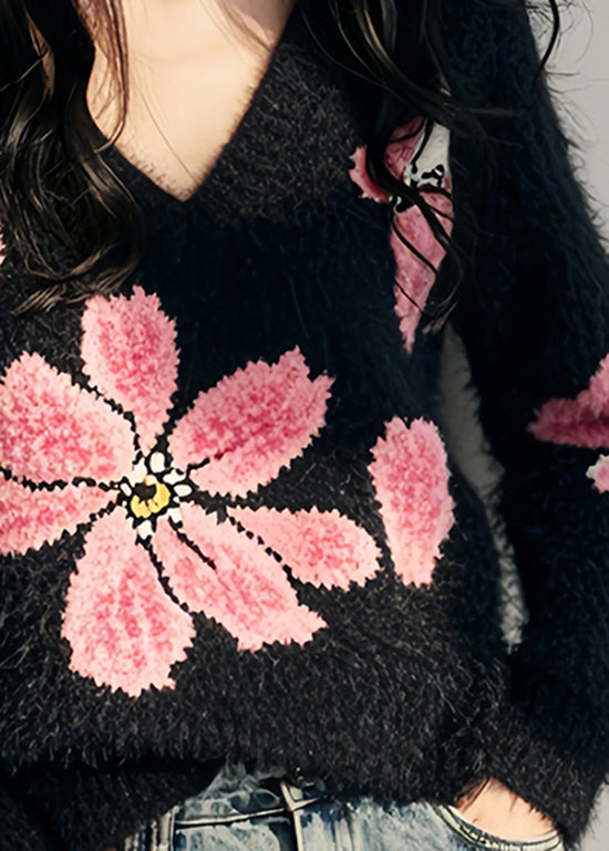 Stylish Black V Neck Floral Ma Hai Mao Knit Sweater Spring TN034 ABC