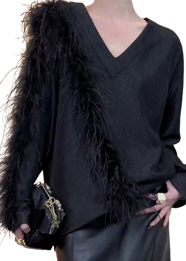 Stylish Black V Neck Patchwork Knit Sweaters Winter RS042 ABC