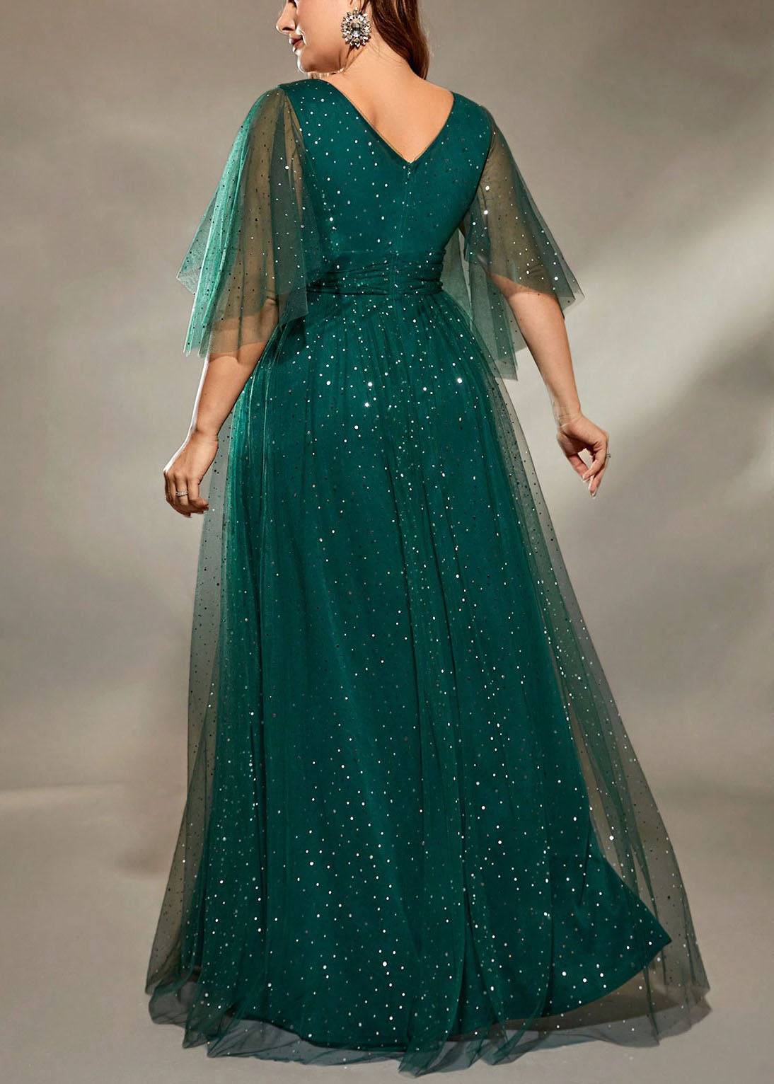 V Dresses Long Green Blackish Sequins Stylish Half Tulle Neck FashionChic