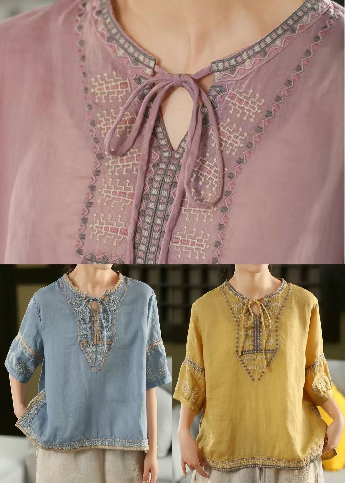 Half Side Top Open Embroidered Blue Sleeve Stylish Linen FashionChic