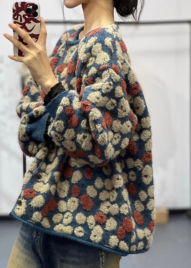 Stylish Blue O Neck Jacquard Plus Size Knit Sweaters Coats Fall OO002 OM-CS240816