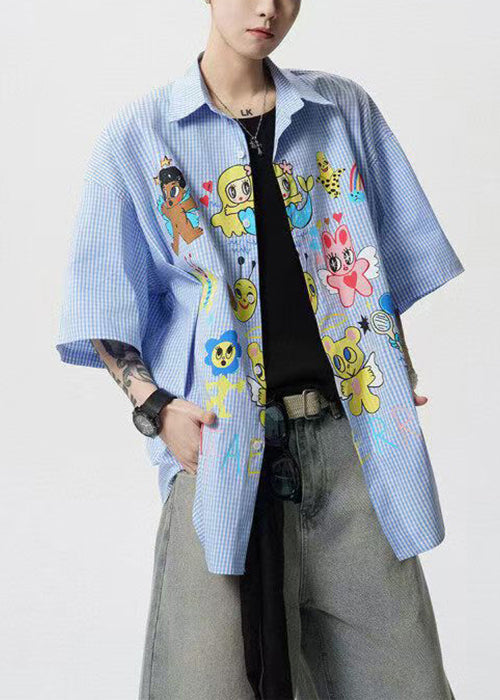 Pan Peter Summer Print Stylish Blue Shirts Mens Cotton Collar FashionChic