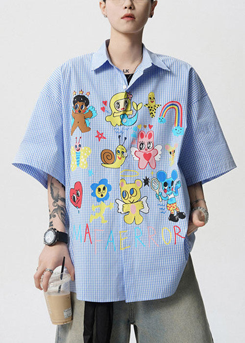 Pan Peter Summer Print Stylish Blue Shirts Mens Cotton Collar FashionChic
