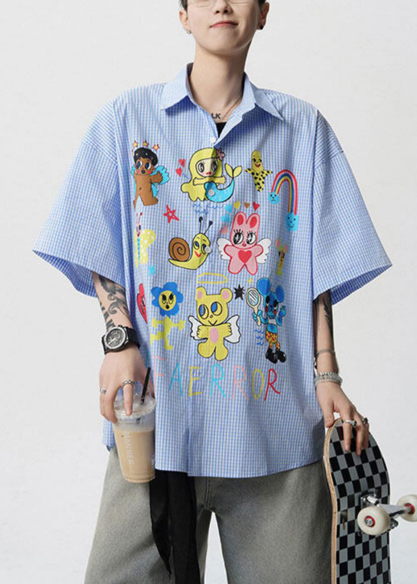 Pan Peter Summer Print Stylish Blue Shirts Mens Cotton Collar FashionChic