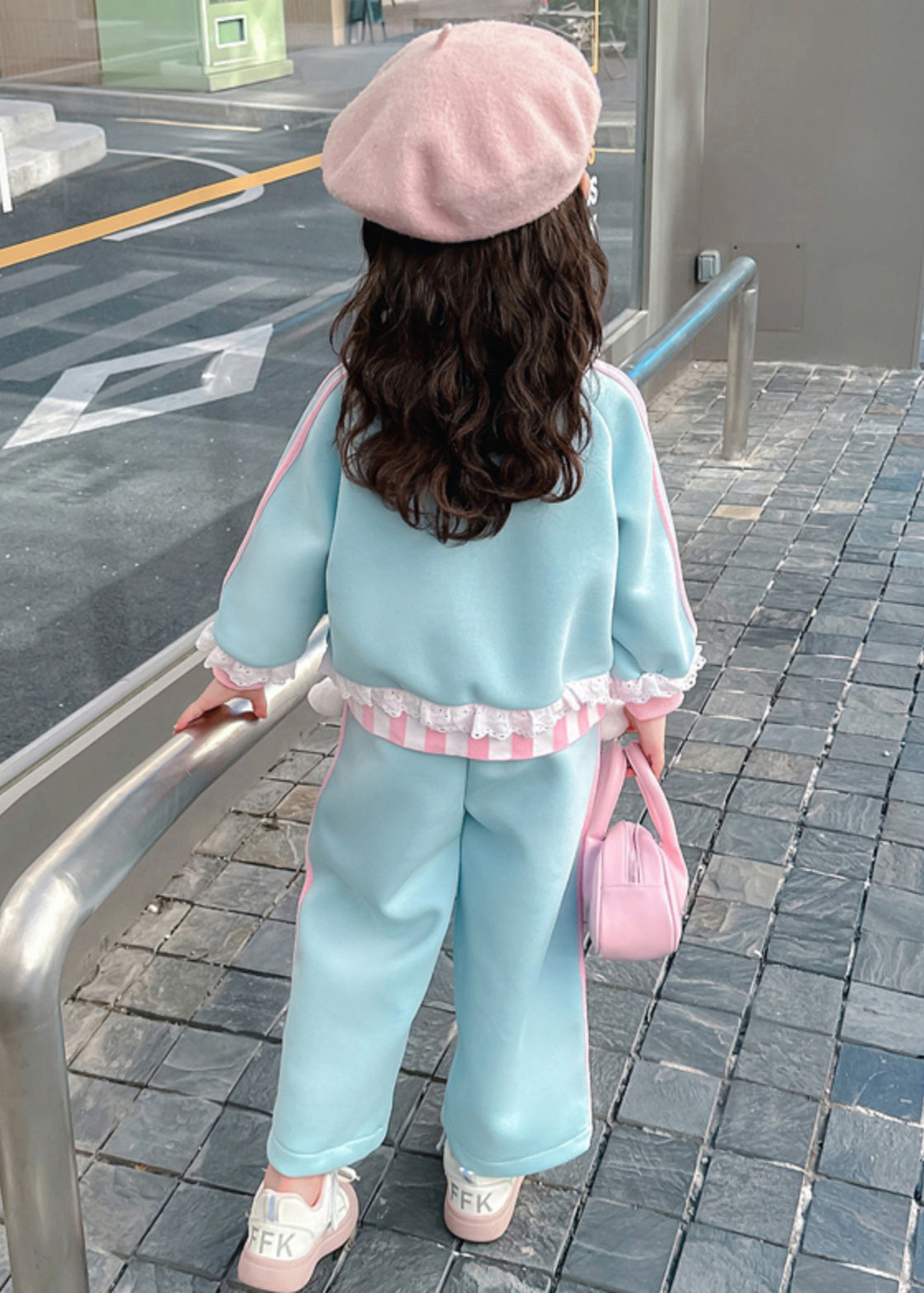 Stylish Blue Ruffled Patchwork Kids Coats And Straight Pants Two Pieces Set Spring TR027 ABC