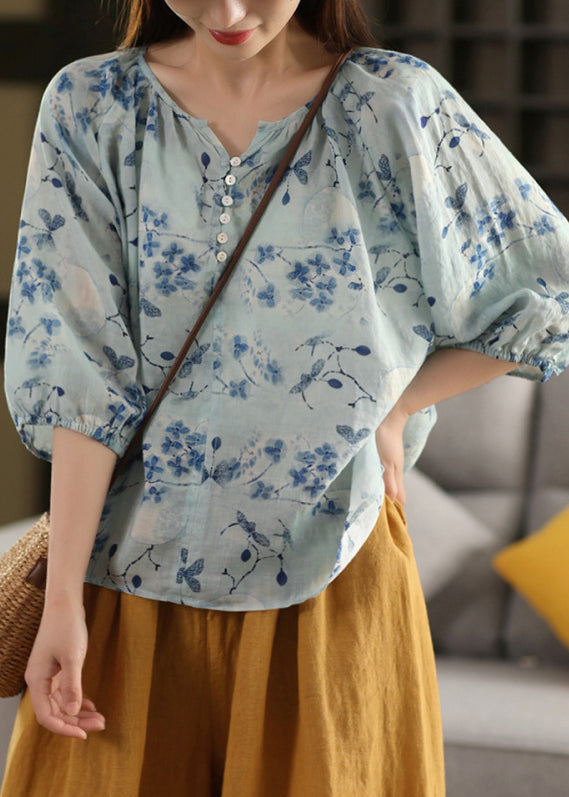 Shirts Neck Print Stylish Bracelet Linen V Blue Sleeve FashionChic
