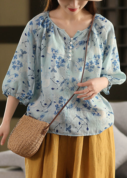 Shirts Neck Print Stylish Bracelet Linen V Blue Sleeve FashionChic