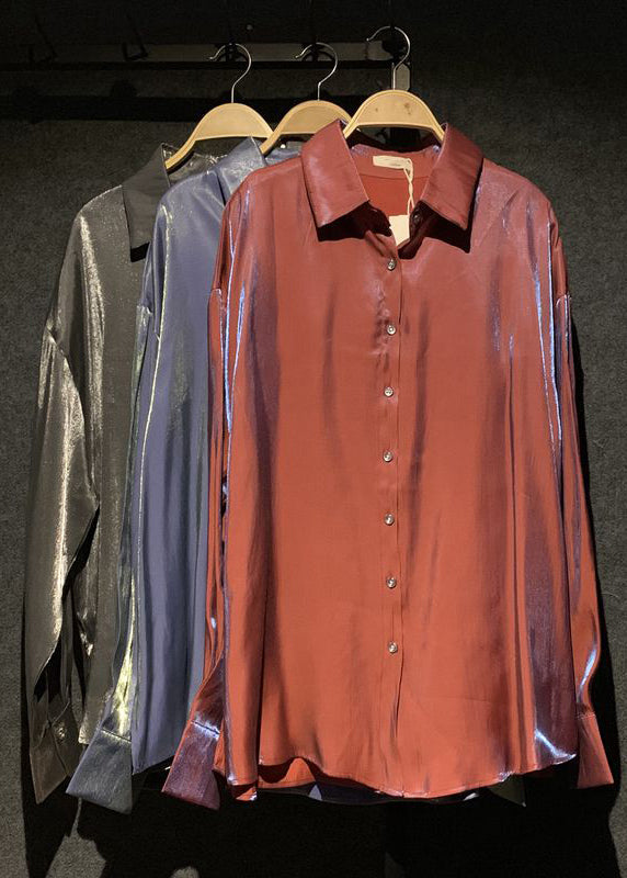 Red Button Collar Fall Pan Stylish Silk Peter Shirts Brick FashionChic