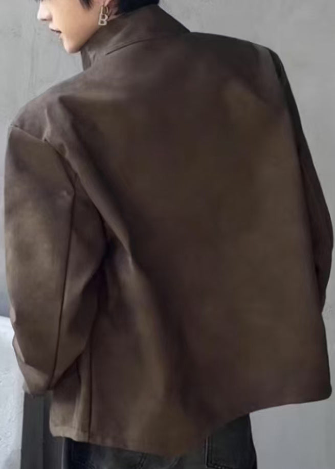 Stylish Brown Stand Collar Zippered Faux Suede Mens Coats Spring RN034 ABC