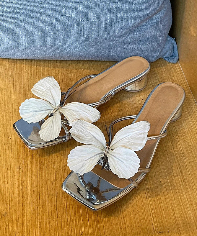 Leather Blue Faux Slide Sandals Splicing Stylish Chunky Butterfly FashionChic