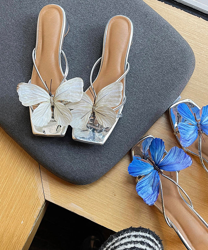 Leather Blue Faux Slide Sandals Splicing Stylish Chunky Butterfly FashionChic