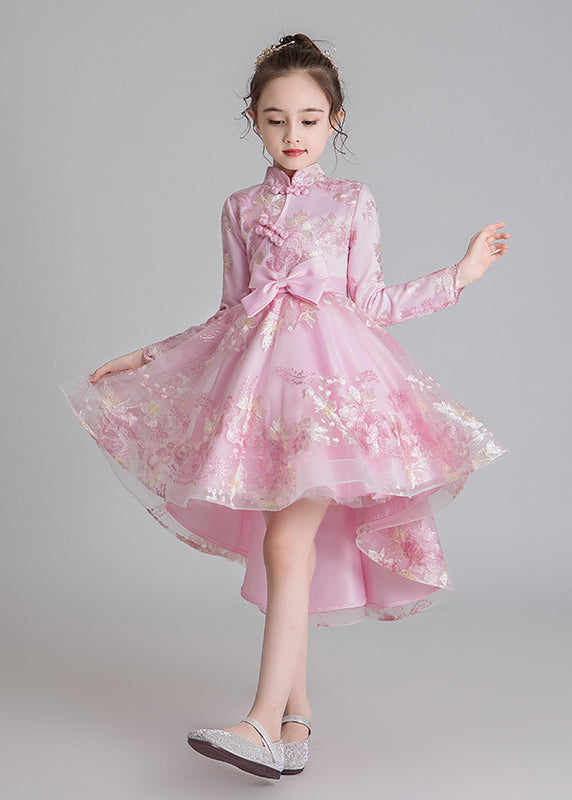Stylish Champagne Stand Collar Embroideried Low High Design Tulle Girls Long Dresses Fall QV002 WS-JRTZFDGL241026