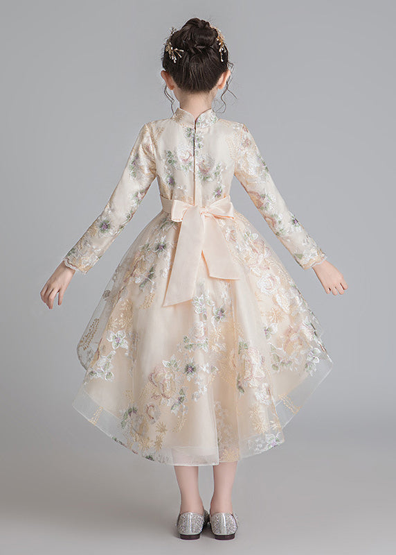 Stylish Champagne Stand Collar Embroideried Low High Design Tulle Girls Long Dresses Fall QV002 WS-JRTZFDGL241026