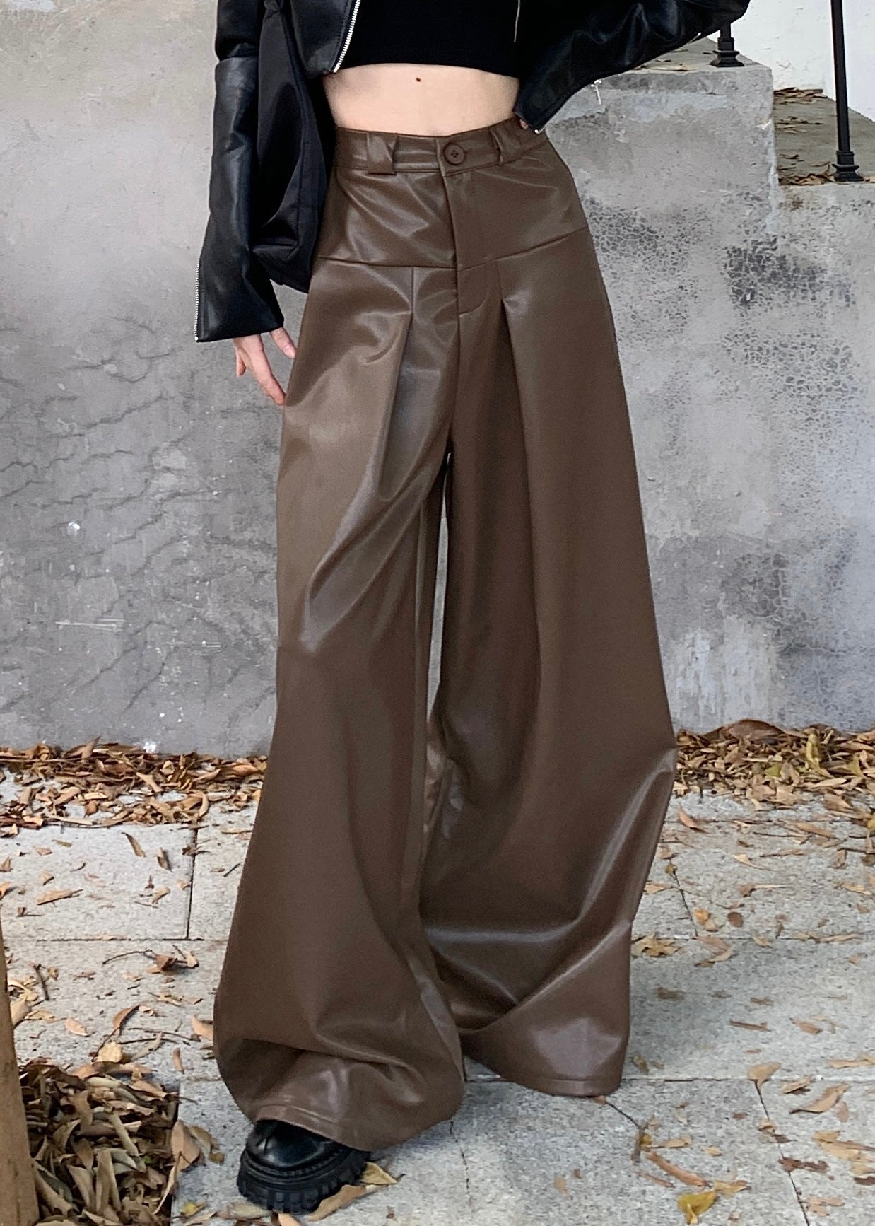 Stylish Coffee Button High Waist Faux Leather Pants Fall PP031 OM-NZ240827