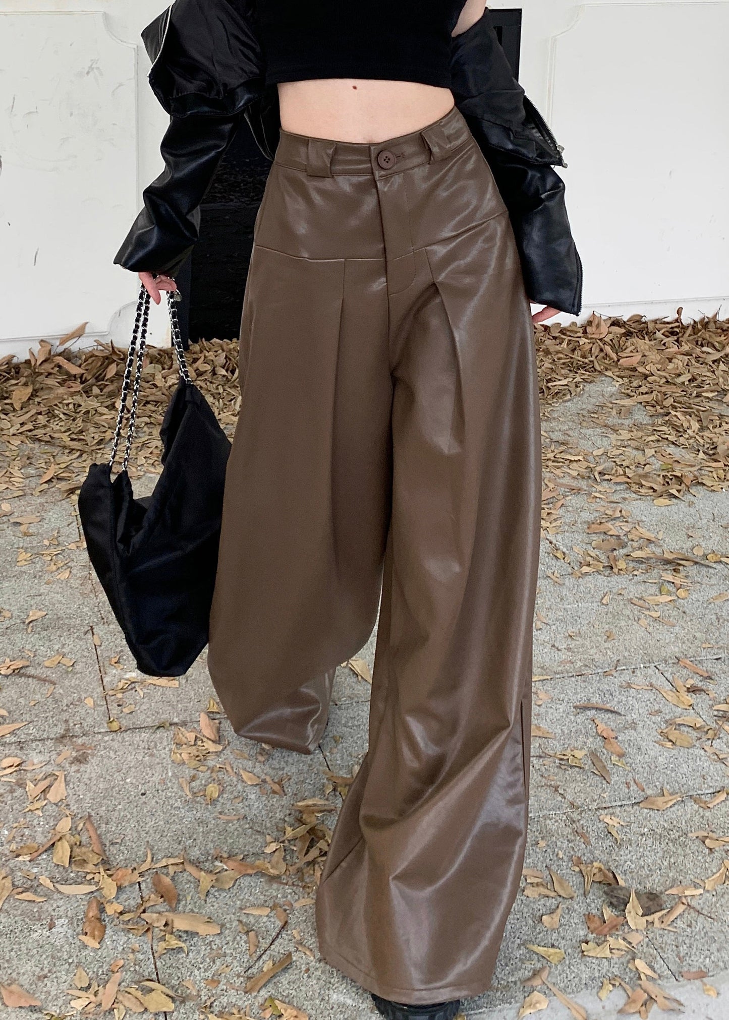 Stylish Coffee Button High Waist Faux Leather Pants Fall PP031 OM-NZ240827