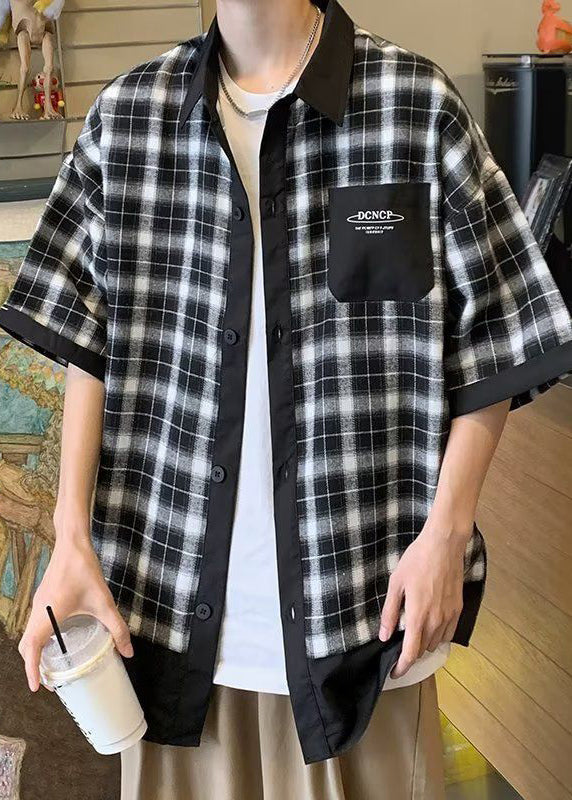 Button Stylish Men Plaid Coffee Summer Cotton Shirts FashionChic