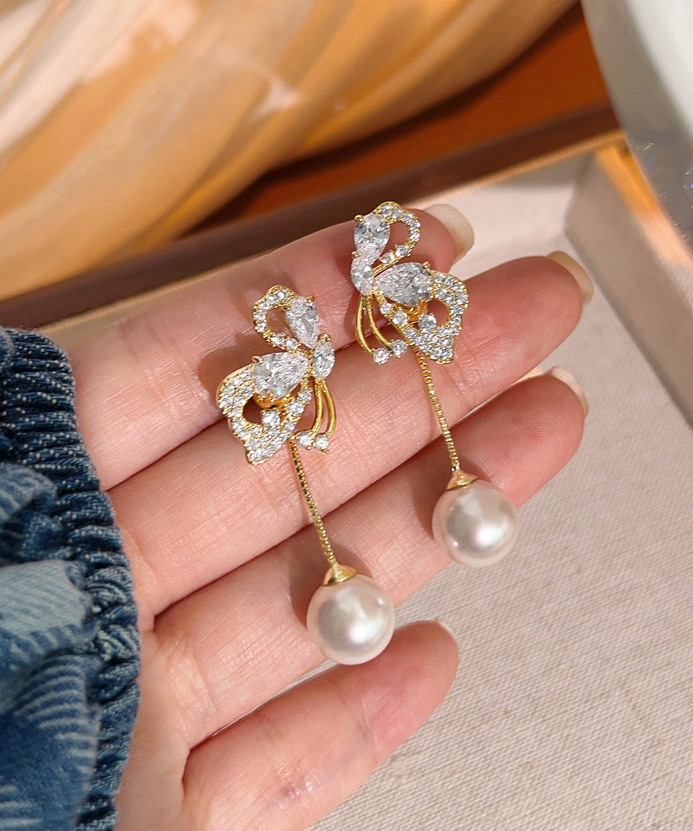 Stylish Gold Sterling Silver Overgild Zircon Butterfly Pearl Drop Earrings YX019 ABC