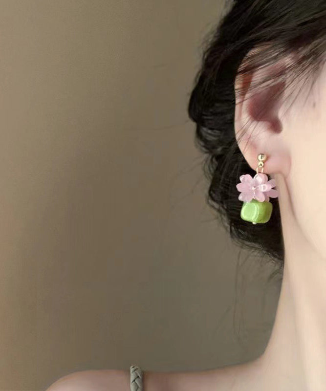 Stylish Green Alloy Resin Floral Block Drop Earrings YX015 ABC