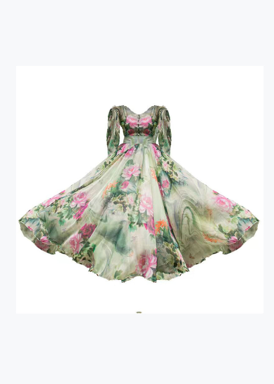 Stylish Green Floral V Neck Chiffon Beach Long Dresses Flared Sleeve WW1009 Ada Fashion
