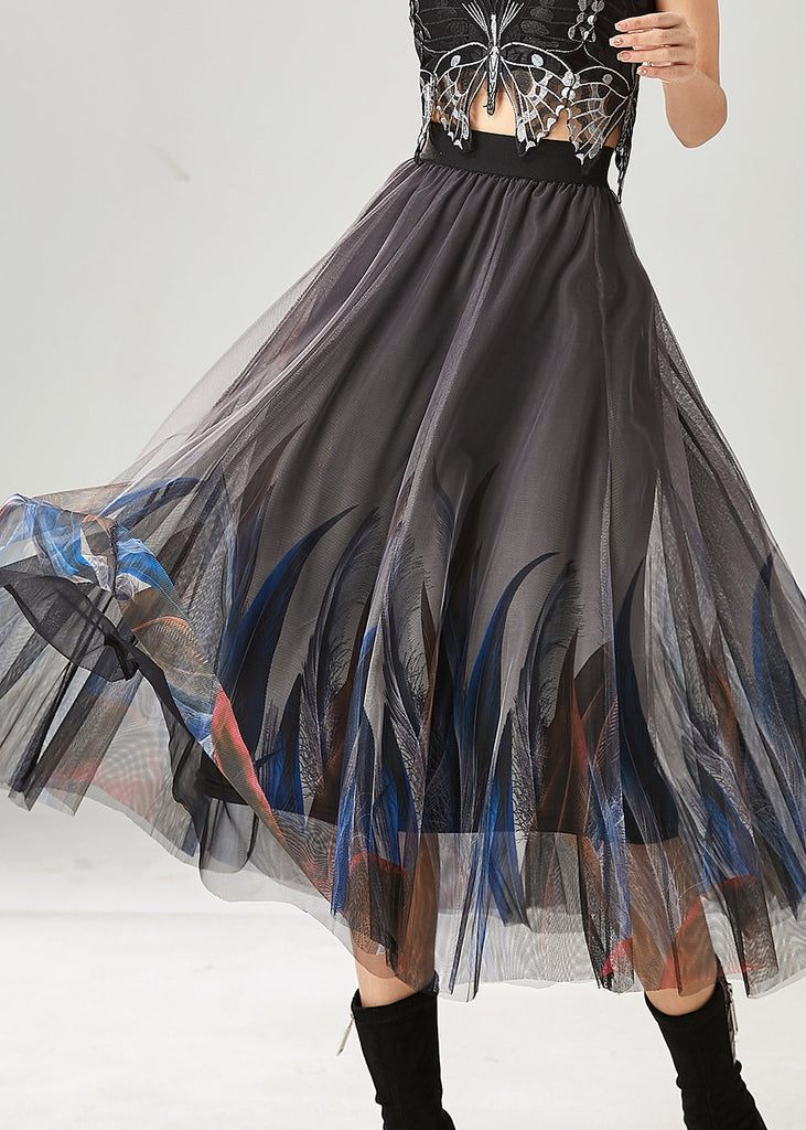 Stylish Grey Feather Print Tulle Skirts Summer YU1017 Ada Fashion