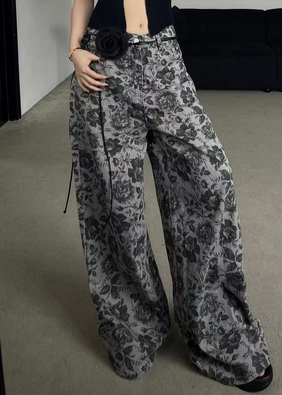 Stylish Grey Print Pockets Denim Wide Leg Pants Fall QK001 BB-LPTS241022