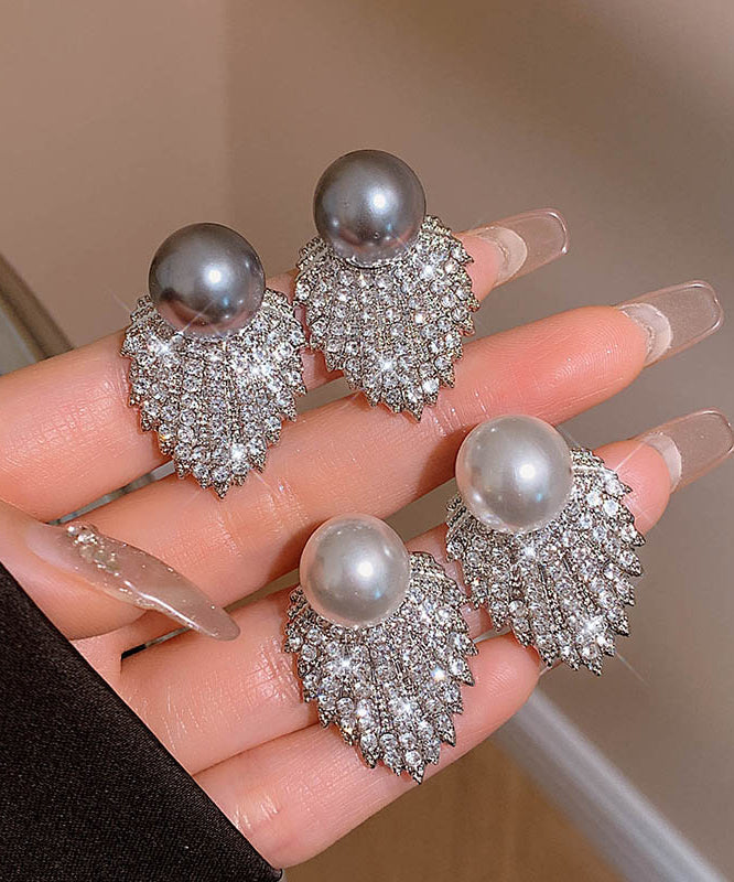 Stylish Grey Sterling Silver Alloy Pearl Zircon Stud Earrings QQ053 JEW-EAR240811