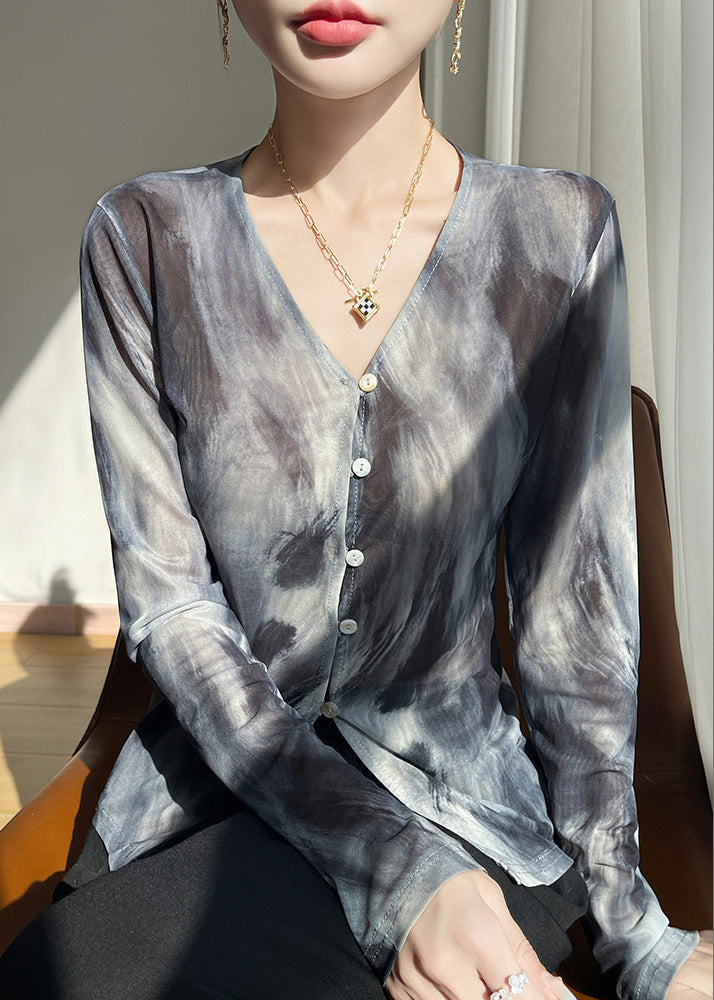 Shirt Tulle Fall Print Grey V Neck T Stylish FashionChic