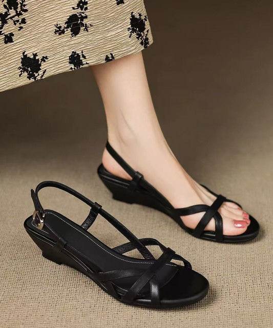 Sandals Wedge Leather Black Hollow Stylish Cowhide Out Splicing FashionChic