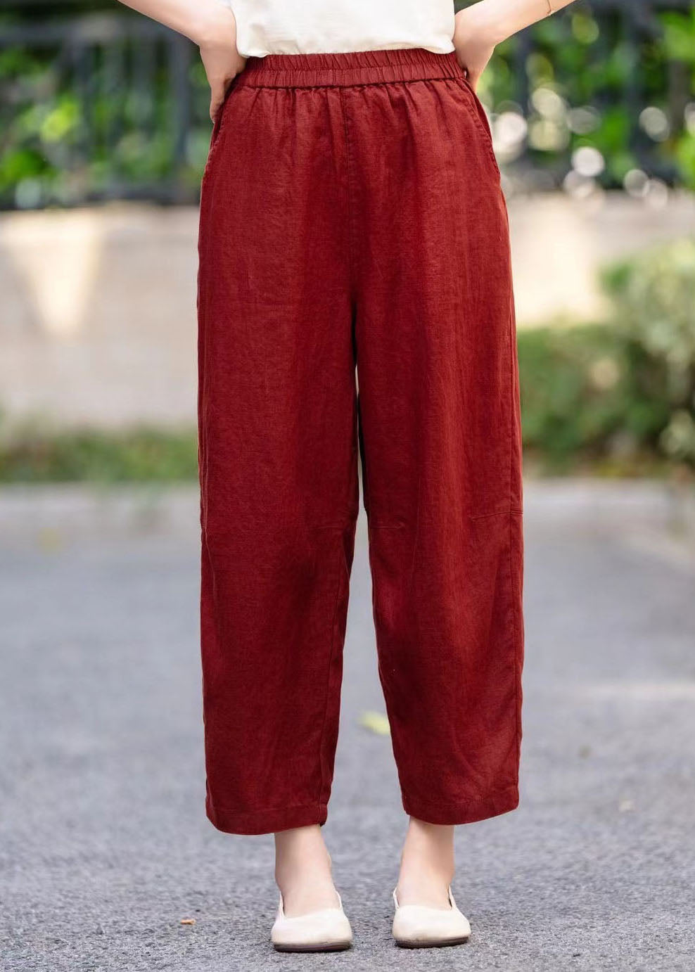 Linen Elastic Waist Stylish Pockets Summer Pants Mulberry Harem FashionChic