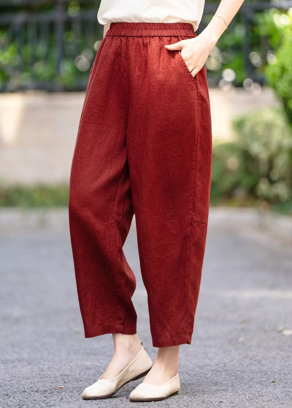 Linen Elastic Waist Stylish Pockets Summer Pants Mulberry Harem FashionChic