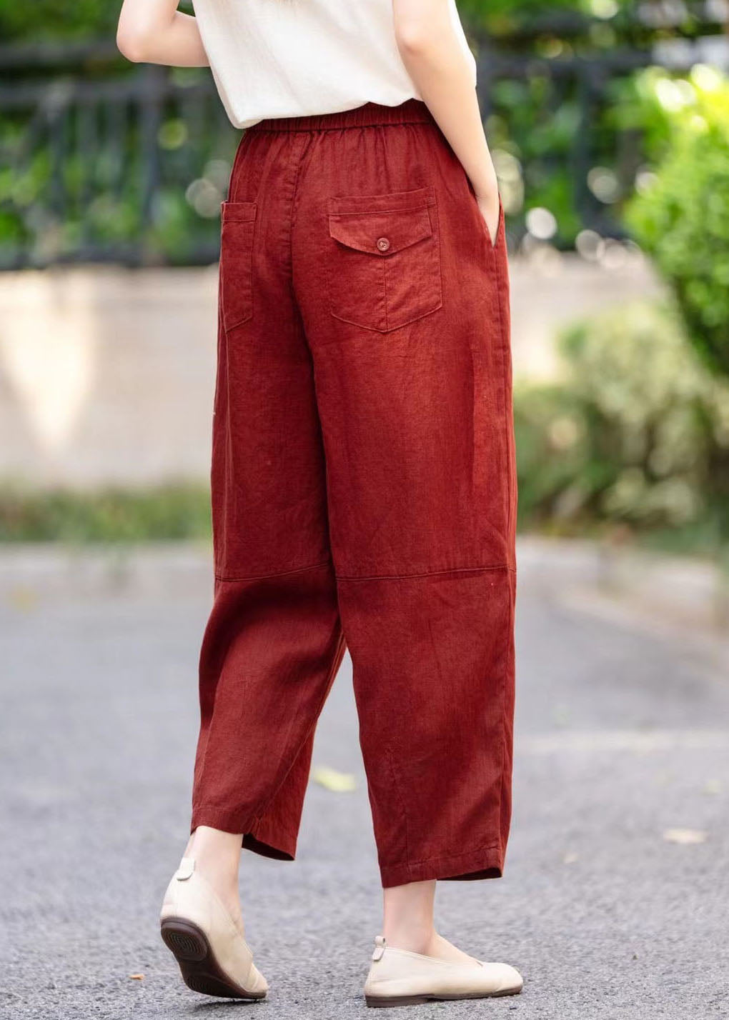 Linen Elastic Waist Stylish Pockets Summer Pants Mulberry Harem FashionChic