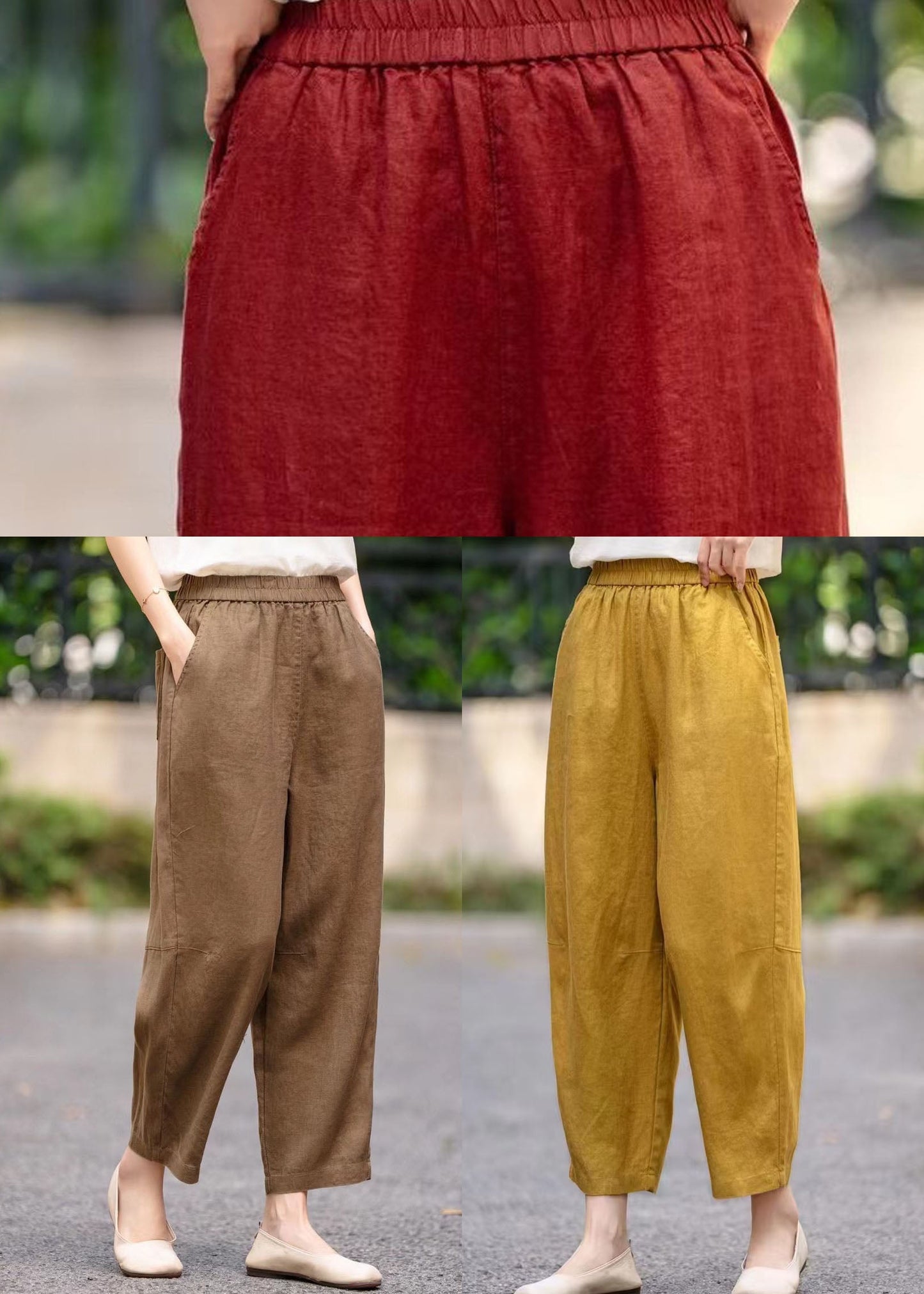 Linen Elastic Waist Stylish Pockets Summer Pants Mulberry Harem FashionChic