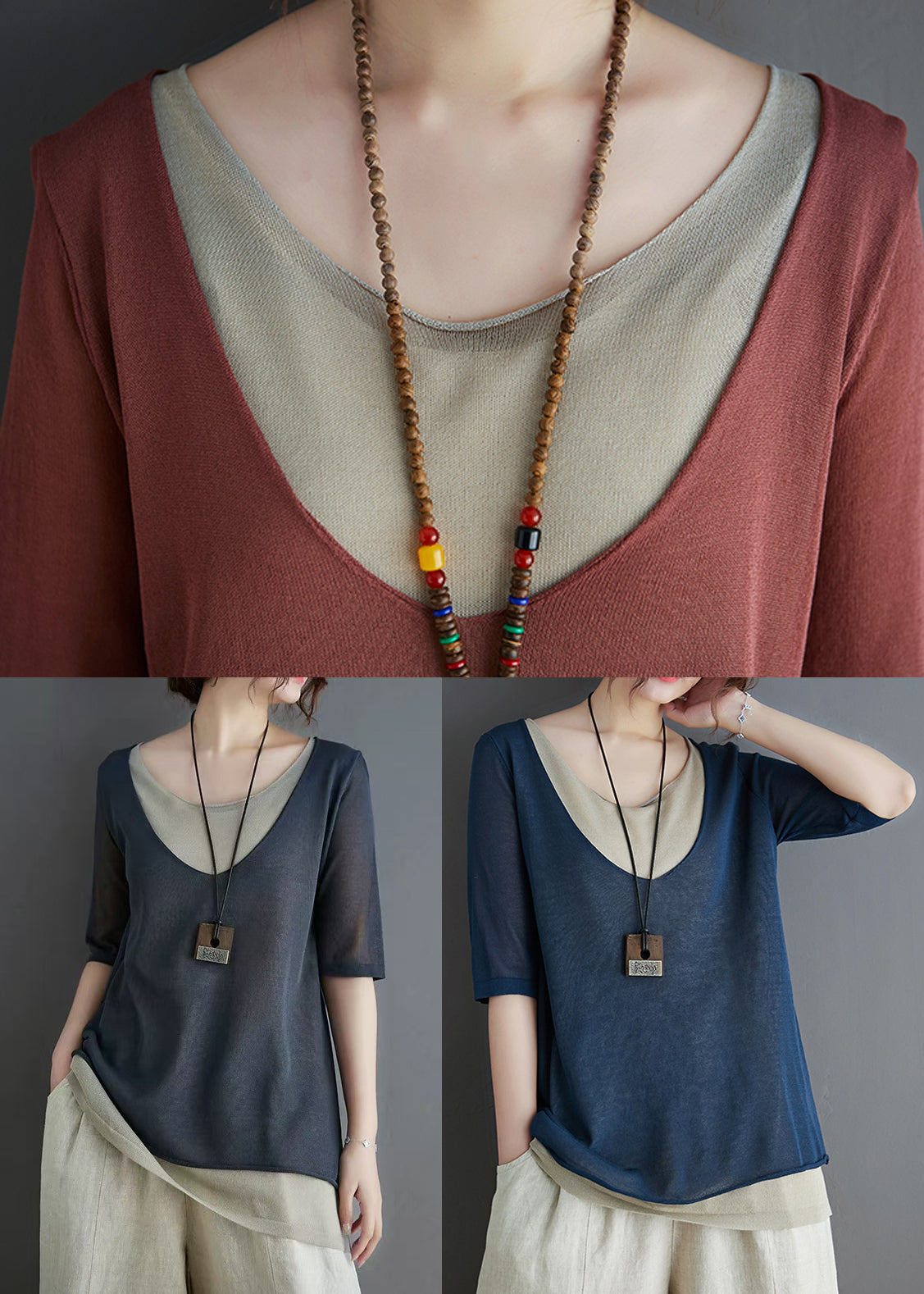 Stylish Summer Piece Two Navy Tops Patchwork Knit Fake FashionChic