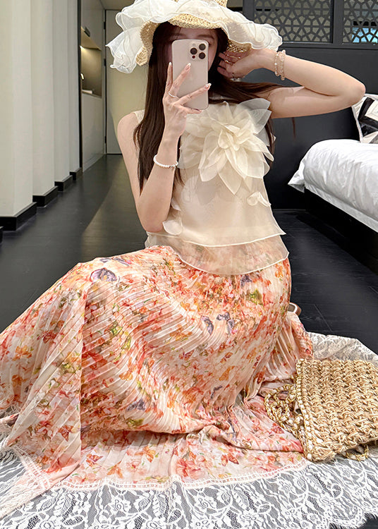 Summer Patchwork Chiffon Pleated Skirt Orange Stylish Lace Print FashionChic
