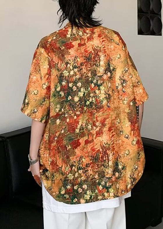 Orange Half Mens Sleeve Shirts Pockets Print Silk Stylish Ice FashionChic