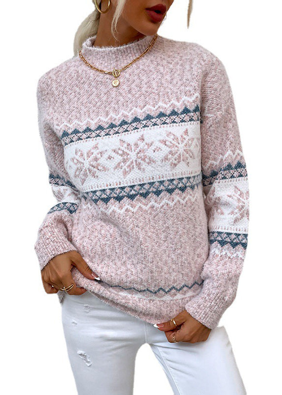 Stylish Pink Half Hign Neck Jacquard Thick Knit Sweaters Fall QY014 BB-ZS-WM-NTP241002