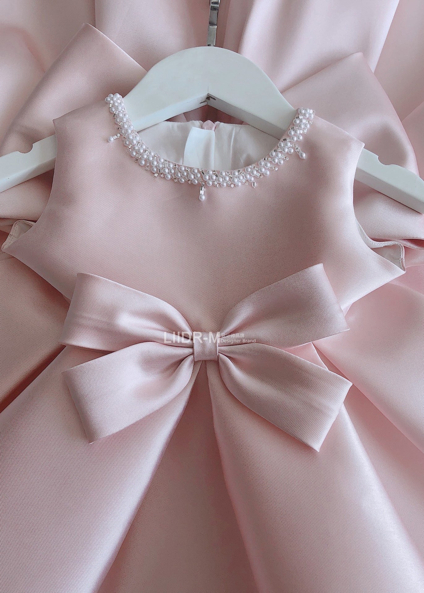 Stylish Pink O-Neck Bow Nail Bead Silk Kids Long Dress Summer YS020 ABC