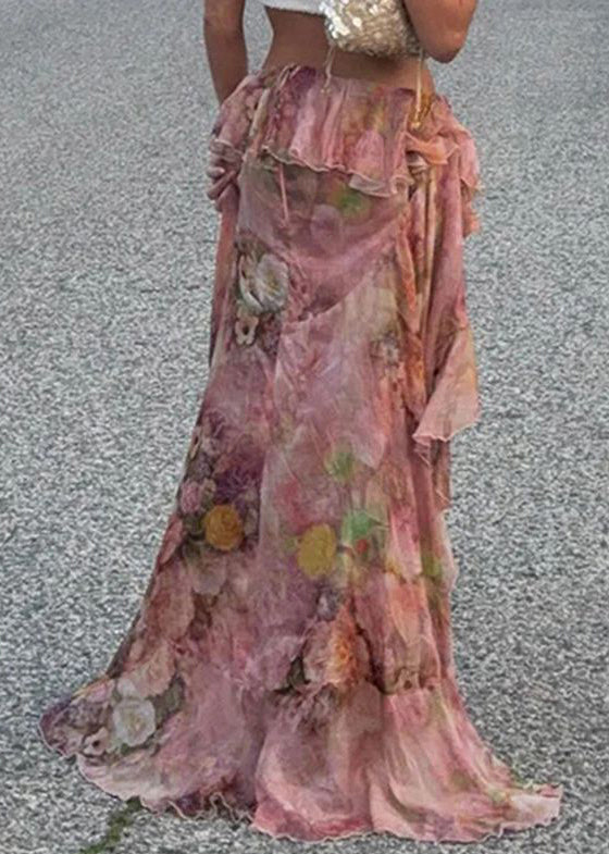 Skirt Low Summer Chiffon Stylish Print Design Pink High FashionChic