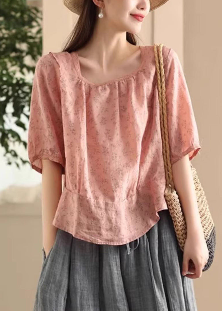 Pink Sides Square On Blouses Print Linen Wear Both Stylish Collar FashionChic