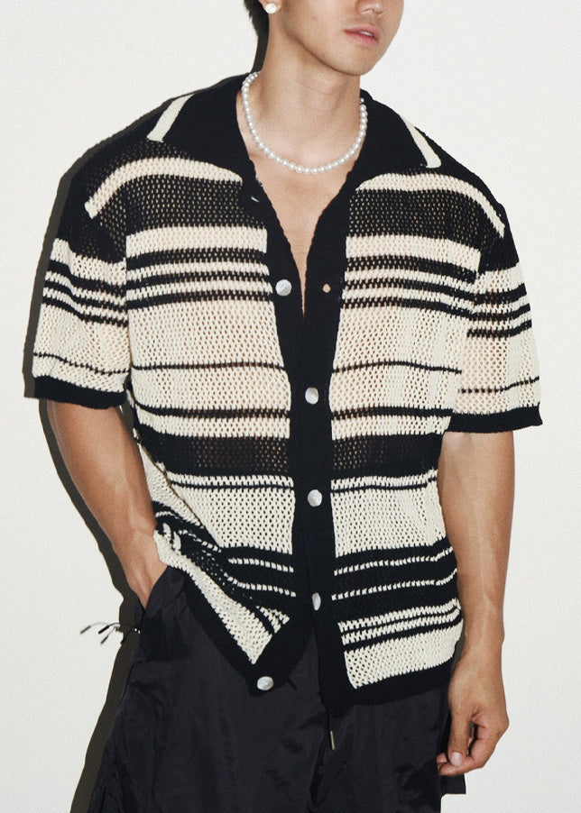 Shirts Knit Striped Men Stylish Apparel Out Pink Hollow Polo FashionChic