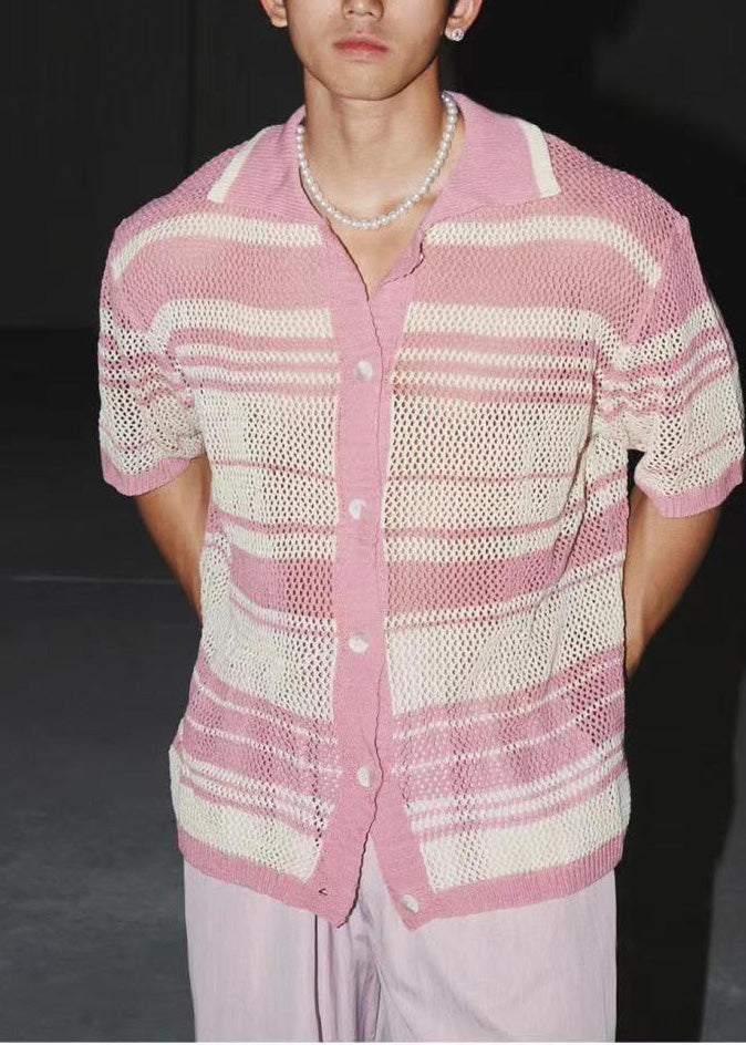 Shirts Knit Striped Men Stylish Apparel Out Pink Hollow Polo FashionChic